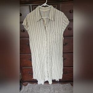 NWT, Mystree Striped Cream and Gray Sleeveless Shirt Dress, Sz. L